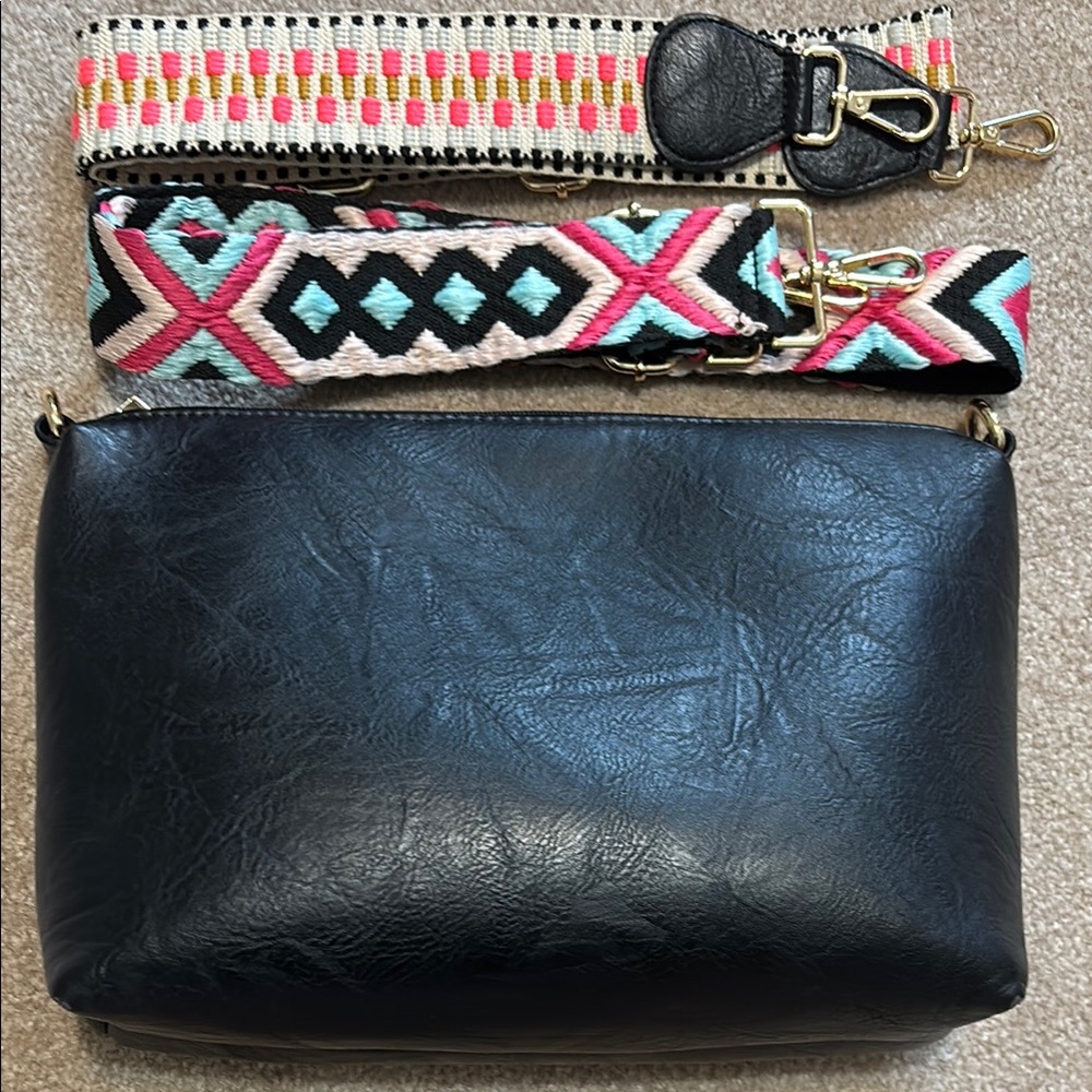 Black Leather Crossbody Bag with Colorful Straps